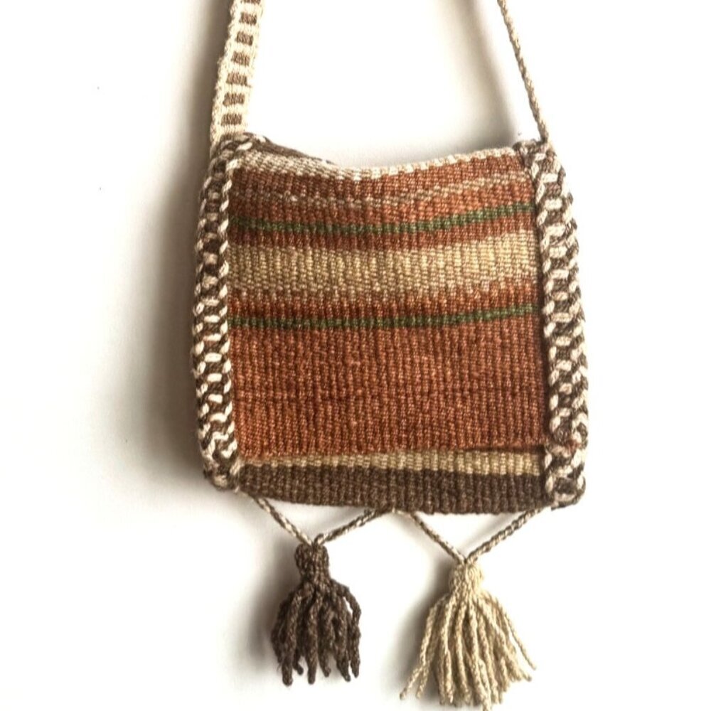 Vintage Woven Peru Wool Earth Tones Square Messenger Crossbody Bag